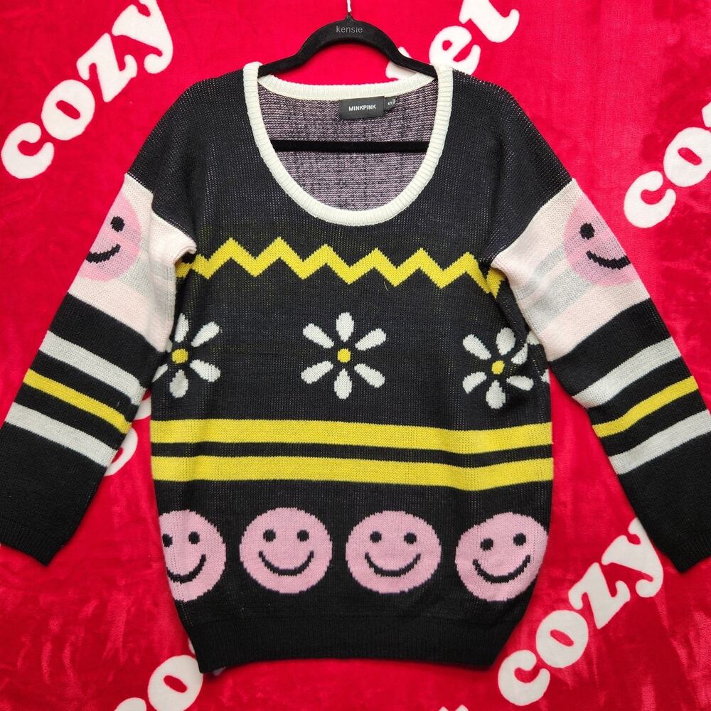 MINKPINK Womens Small Smiley Face Daisy Sweater Black Pink Yellow Graphic Knit